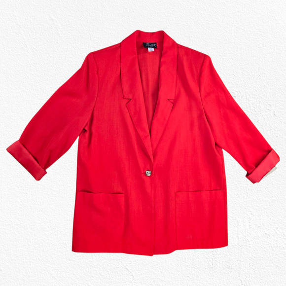 1980s Vintage Red Oversized Single Button Power Suit Jacket Blazer Size 14 - Picture 1 of 9